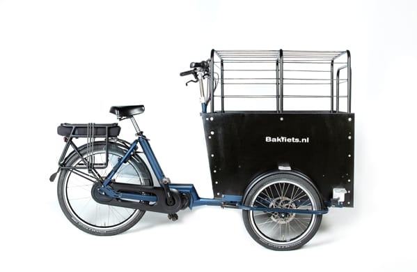 Elektrische bakfiets met drie wielen en ruif
